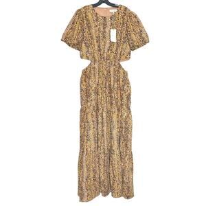 NWT WAYF Womens Dress Boho Maximalist Rustic Cutout Puff Sleeve Maxi Leopard XL